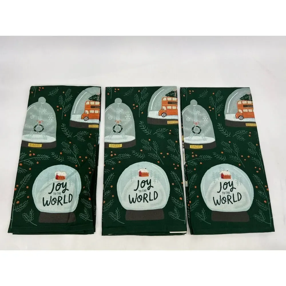 Set of 3 Anthropologie Joy To The World Dish Towel 28” x 21” Christmas Holiday